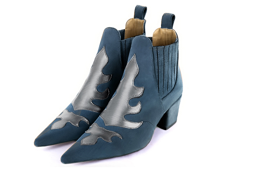 Peacock blue and dove grey women's ankle boots, with elastics. Pointed toe. Medium cone heels. Front view - Florence KOOIJMAN